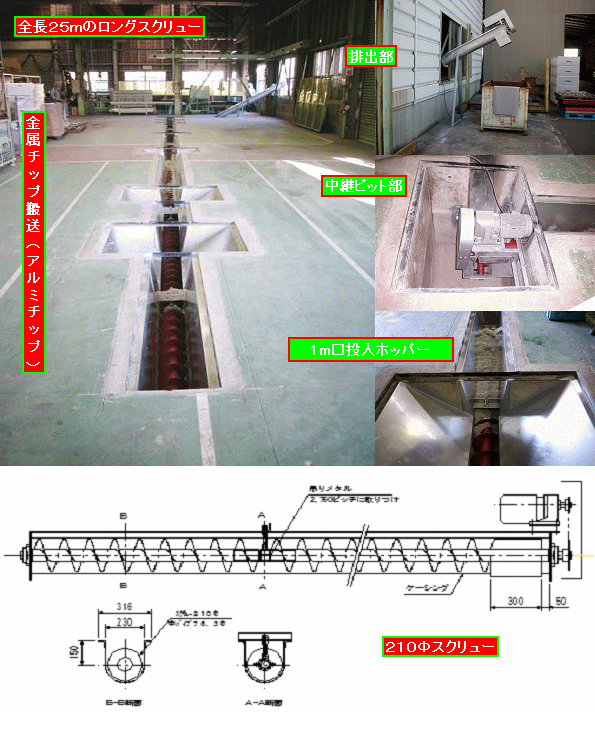 x_1 長距離搬送用ロングタイプのスクリューコンベアー（２５ｍ）の設置例